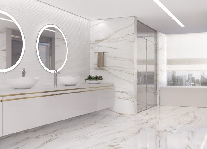 Porcelanatos claros contribuem para o total relaxamento  e o clima de SPA nos banheiros