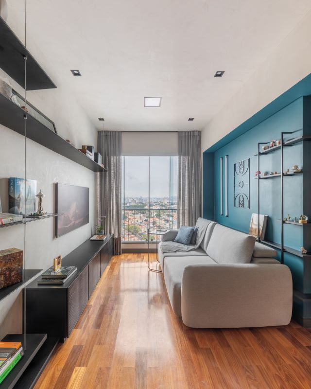 Apartamento WJV ganha decoração com cores escuras, estilo industrial e soluções personalizadas