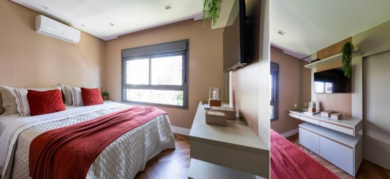 Reforma de apartamento destaca a presença das cores com uma paleta terrosa e o azul no mobiliário e em detalhes decorativos